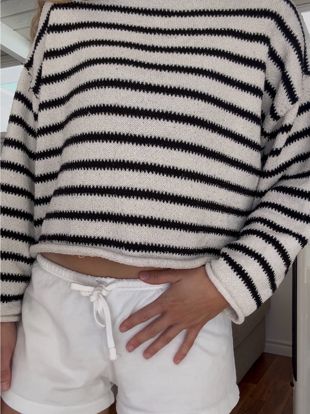 Black & White Striped Cropped Crewneck Sweater - Women